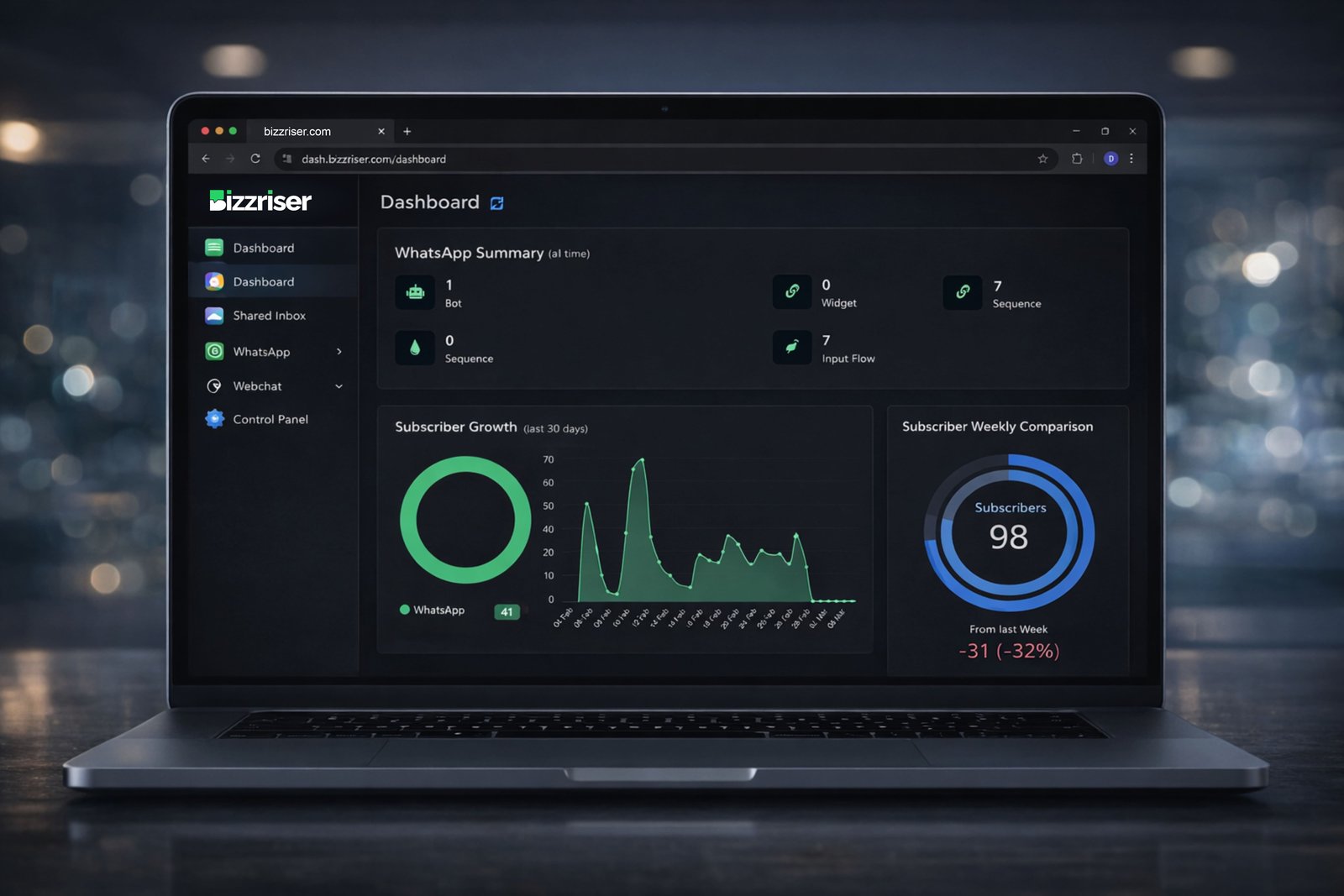 BizzRiser Dashboard on Laptop (Night)
